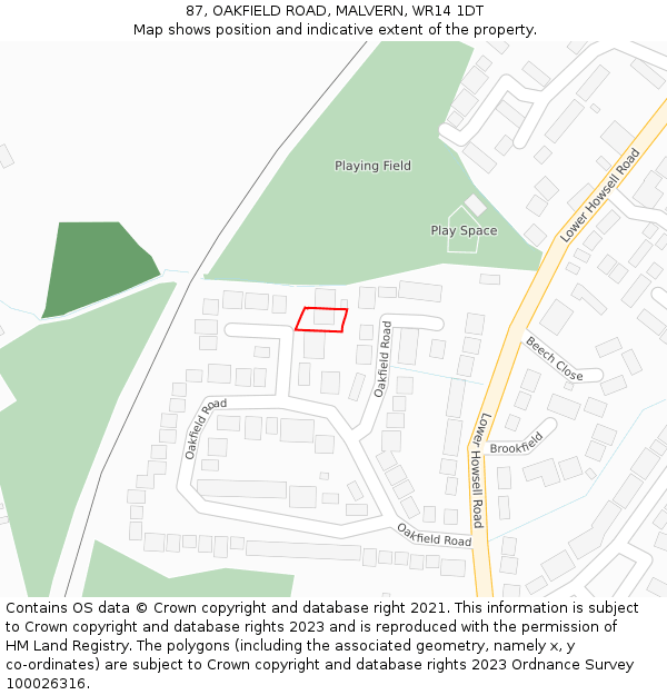 87, OAKFIELD ROAD, MALVERN, WR14 1DT: Location map and indicative extent of plot