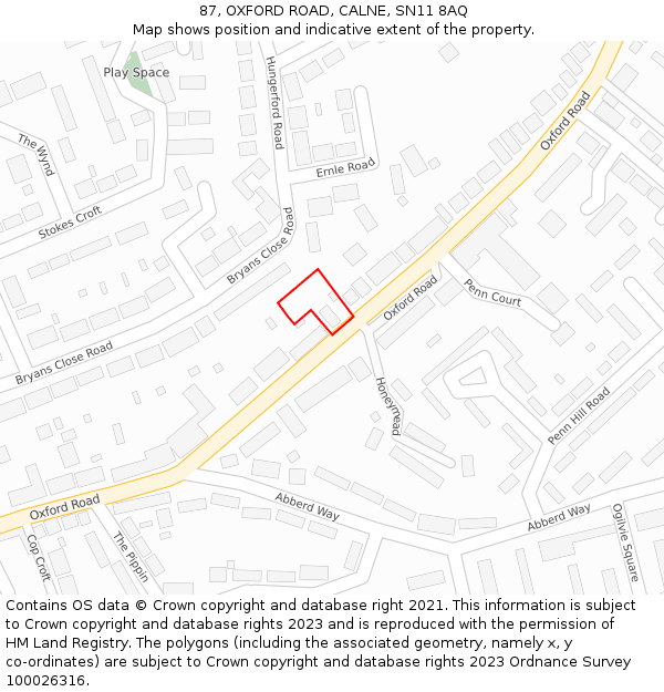 87, OXFORD ROAD, CALNE, SN11 8AQ: Location map and indicative extent of plot