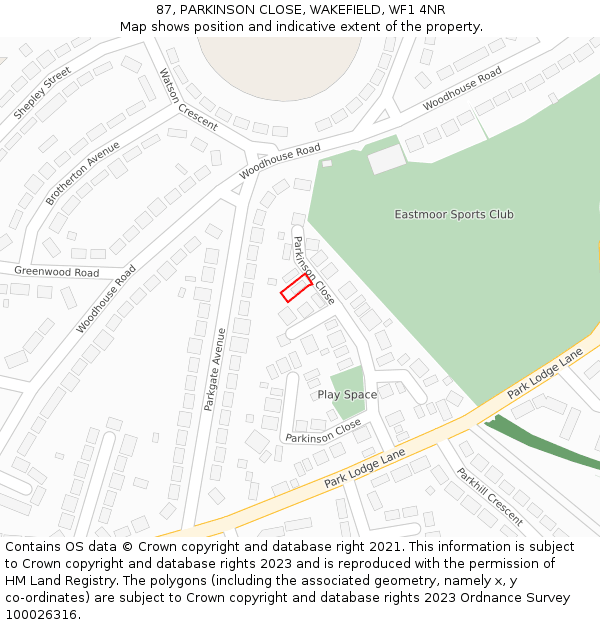 87, PARKINSON CLOSE, WAKEFIELD, WF1 4NR: Location map and indicative extent of plot