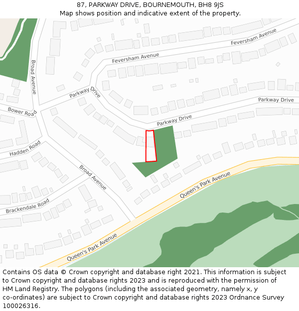 87, PARKWAY DRIVE, BOURNEMOUTH, BH8 9JS: Location map and indicative extent of plot