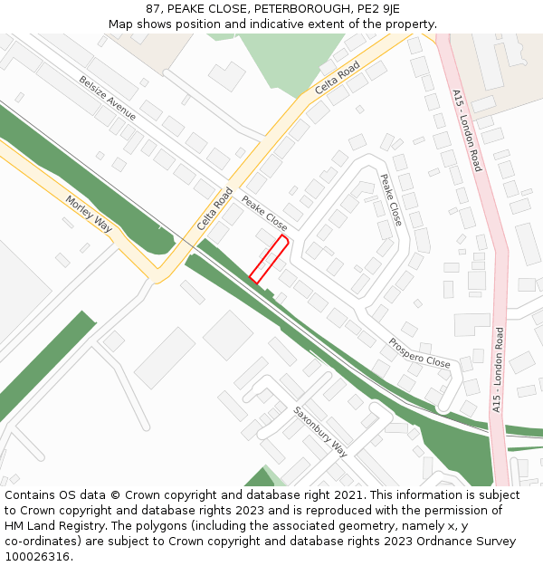 87, PEAKE CLOSE, PETERBOROUGH, PE2 9JE: Location map and indicative extent of plot