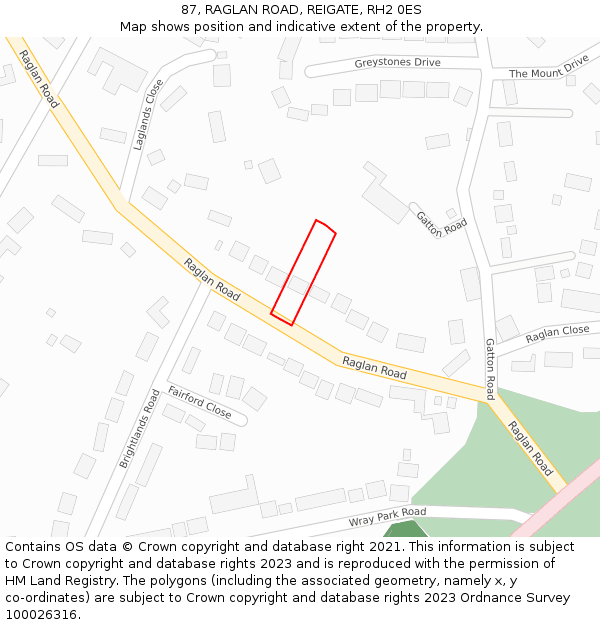 87, RAGLAN ROAD, REIGATE, RH2 0ES: Location map and indicative extent of plot