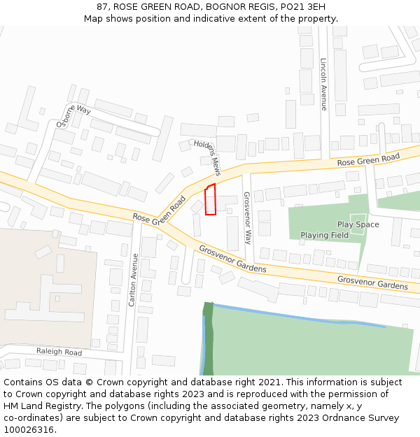 87, ROSE GREEN ROAD, BOGNOR REGIS, PO21 3EH: Location map and indicative extent of plot