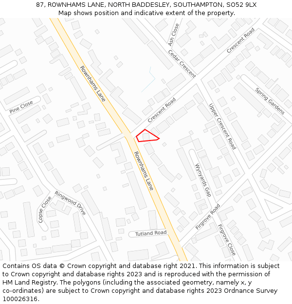 87, ROWNHAMS LANE, NORTH BADDESLEY, SOUTHAMPTON, SO52 9LX: Location map and indicative extent of plot