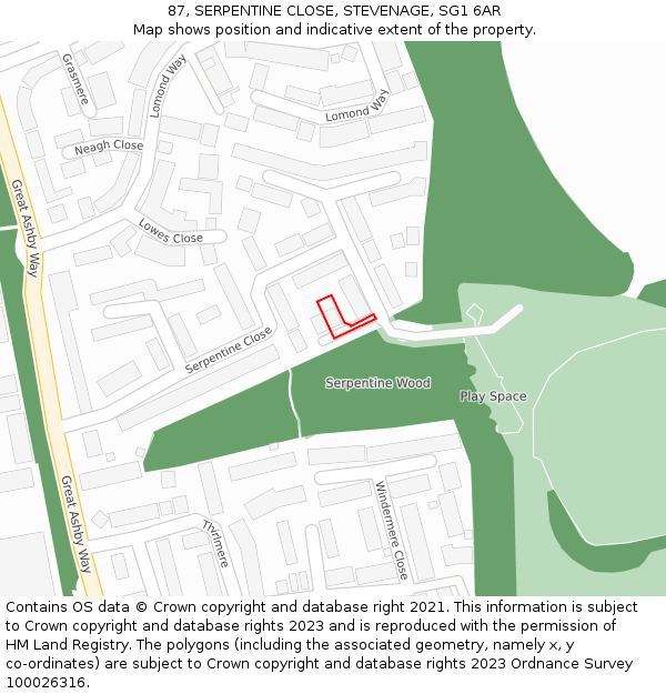 87, SERPENTINE CLOSE, STEVENAGE, SG1 6AR: Location map and indicative extent of plot