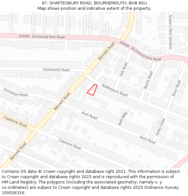 87, SHAFTESBURY ROAD, BOURNEMOUTH, BH8 8SU: Location map and indicative extent of plot