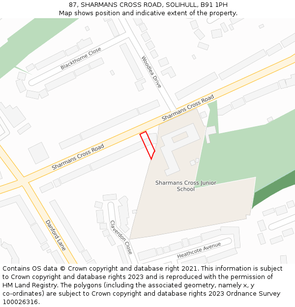 87, SHARMANS CROSS ROAD, SOLIHULL, B91 1PH: Location map and indicative extent of plot