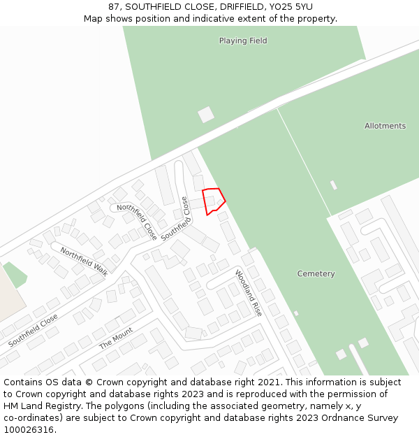 87, SOUTHFIELD CLOSE, DRIFFIELD, YO25 5YU: Location map and indicative extent of plot