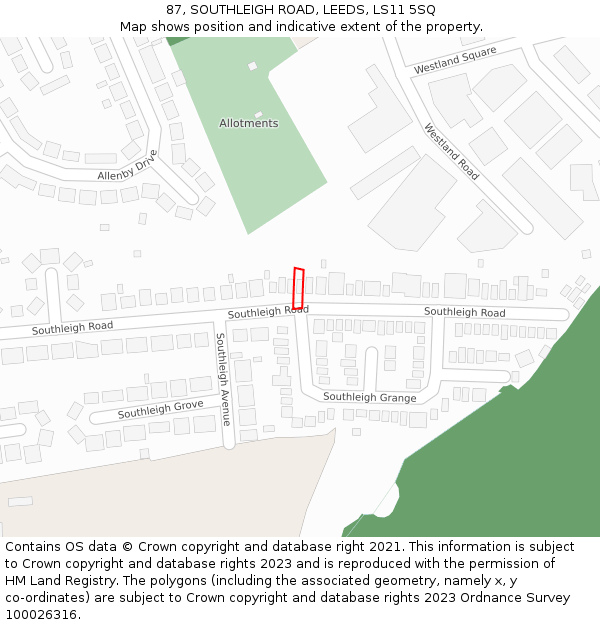 87, SOUTHLEIGH ROAD, LEEDS, LS11 5SQ: Location map and indicative extent of plot