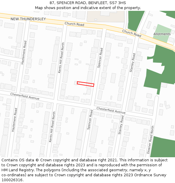 87, SPENCER ROAD, BENFLEET, SS7 3HS: Location map and indicative extent of plot