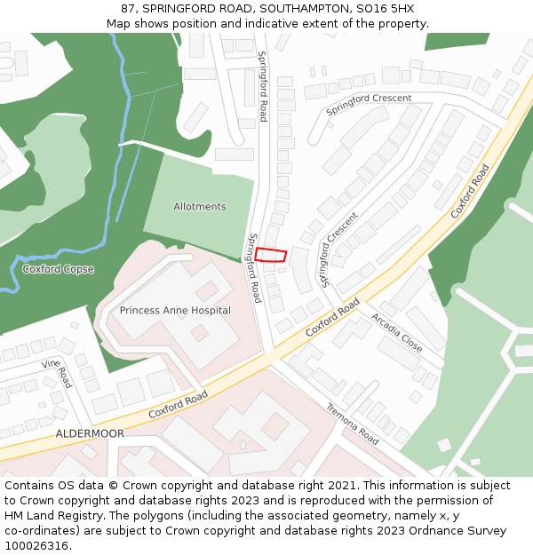 87, SPRINGFORD ROAD, SOUTHAMPTON, SO16 5HX: Location map and indicative extent of plot