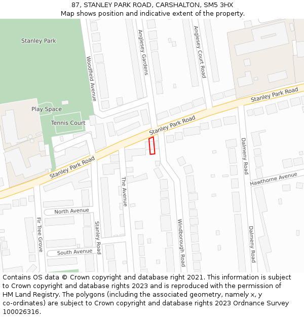 87, STANLEY PARK ROAD, CARSHALTON, SM5 3HX: Location map and indicative extent of plot