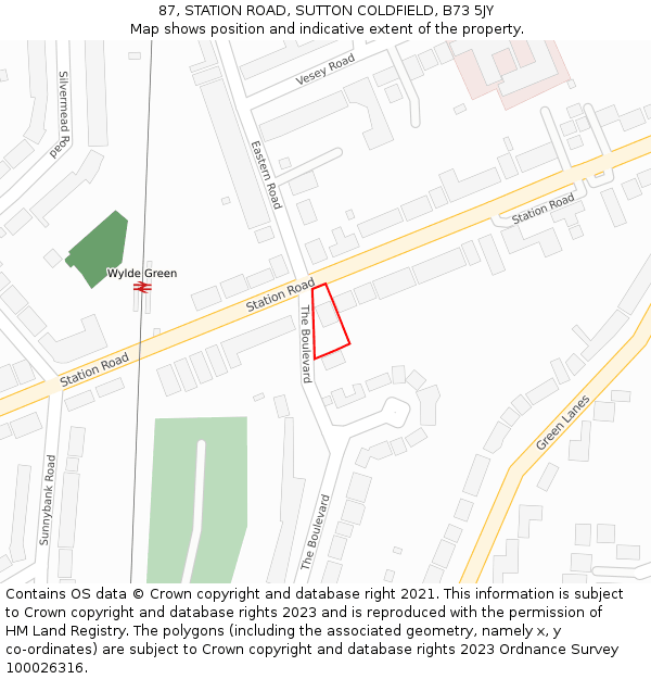 87, STATION ROAD, SUTTON COLDFIELD, B73 5JY: Location map and indicative extent of plot