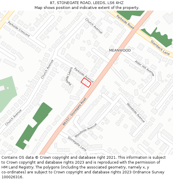 87, STONEGATE ROAD, LEEDS, LS6 4HZ: Location map and indicative extent of plot