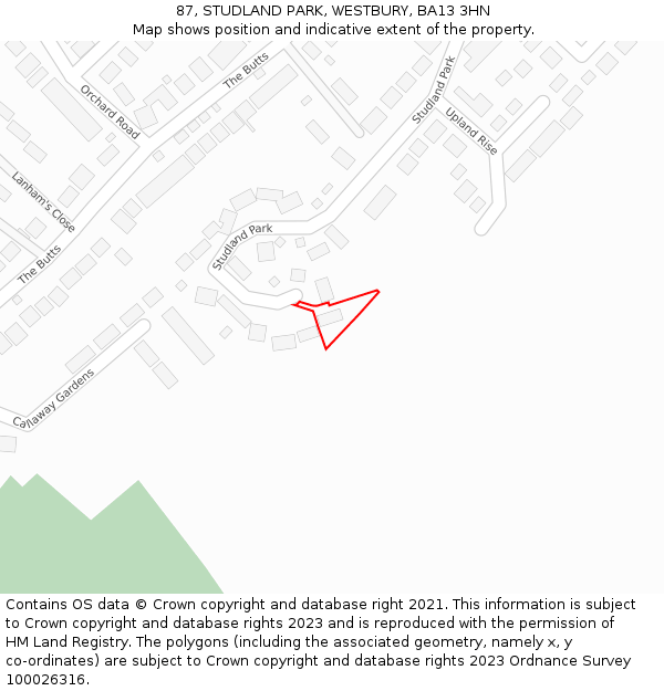 87, STUDLAND PARK, WESTBURY, BA13 3HN: Location map and indicative extent of plot
