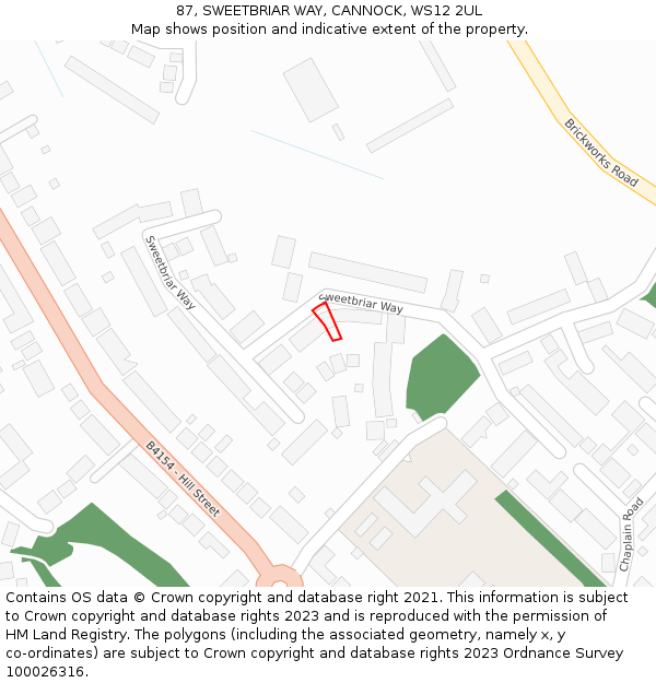87, SWEETBRIAR WAY, CANNOCK, WS12 2UL: Location map and indicative extent of plot