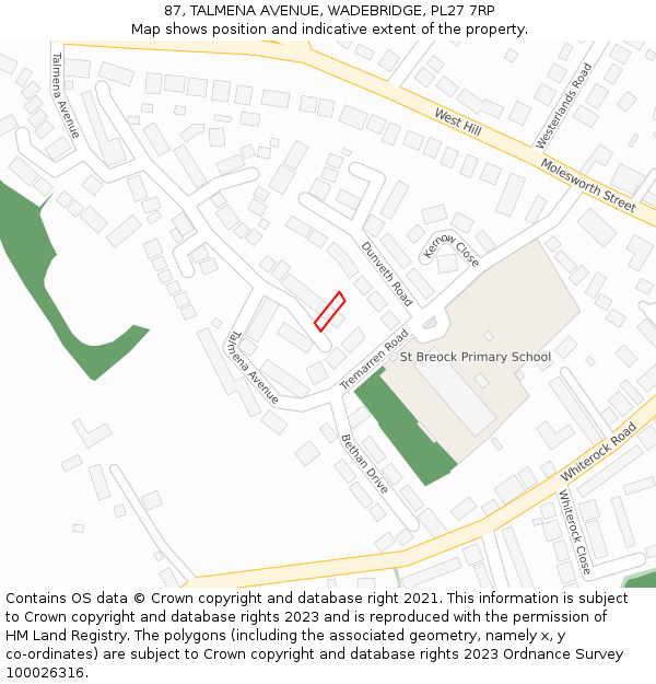 87, TALMENA AVENUE, WADEBRIDGE, PL27 7RP: Location map and indicative extent of plot