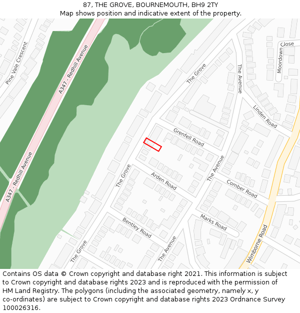 87, THE GROVE, BOURNEMOUTH, BH9 2TY: Location map and indicative extent of plot