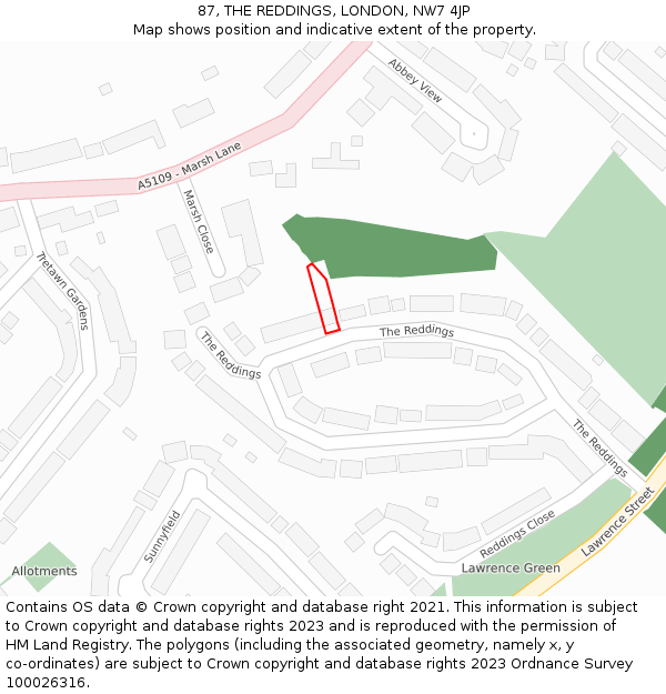 87, THE REDDINGS, LONDON, NW7 4JP: Location map and indicative extent of plot