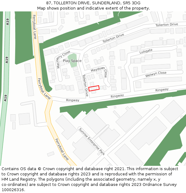 87, TOLLERTON DRIVE, SUNDERLAND, SR5 3DG: Location map and indicative extent of plot