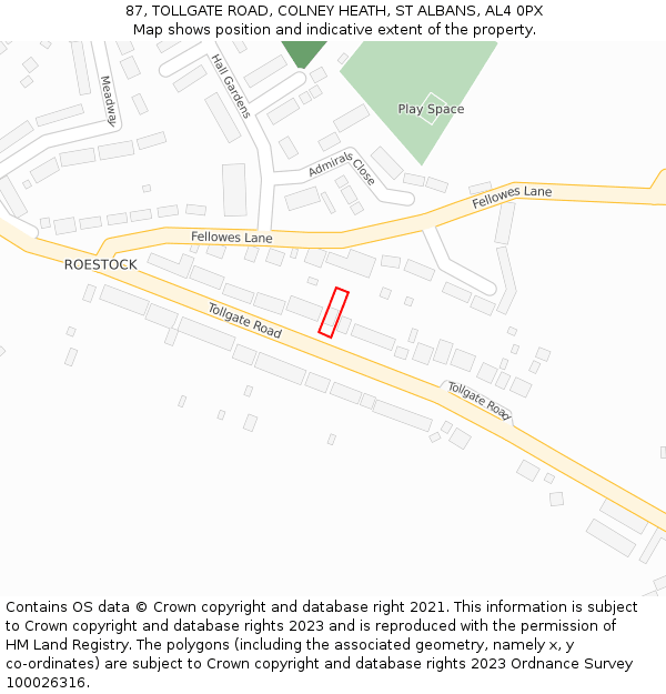 87, TOLLGATE ROAD, COLNEY HEATH, ST ALBANS, AL4 0PX: Location map and indicative extent of plot