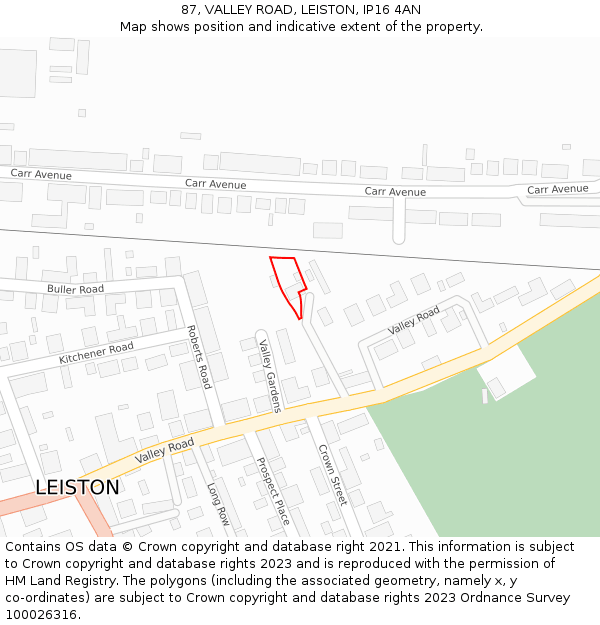 87, VALLEY ROAD, LEISTON, IP16 4AN: Location map and indicative extent of plot