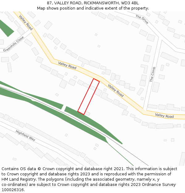 87, VALLEY ROAD, RICKMANSWORTH, WD3 4BL: Location map and indicative extent of plot