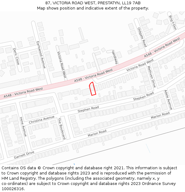 87, VICTORIA ROAD WEST, PRESTATYN, LL19 7AB: Location map and indicative extent of plot