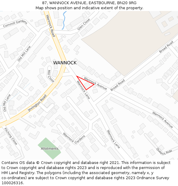 87, WANNOCK AVENUE, EASTBOURNE, BN20 9RG: Location map and indicative extent of plot
