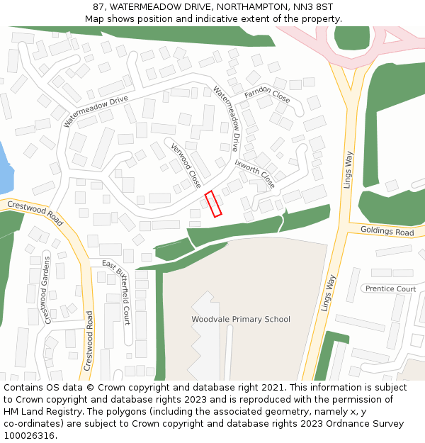 87, WATERMEADOW DRIVE, NORTHAMPTON, NN3 8ST: Location map and indicative extent of plot