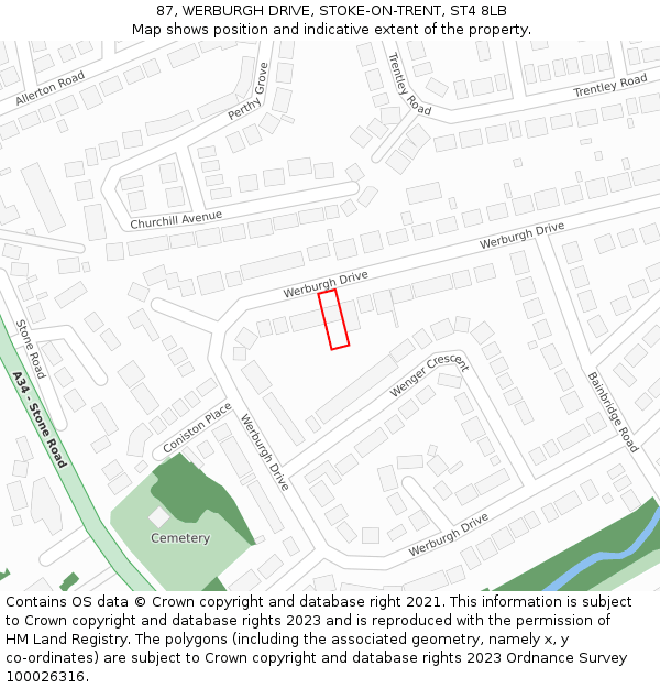 87, WERBURGH DRIVE, STOKE-ON-TRENT, ST4 8LB: Location map and indicative extent of plot