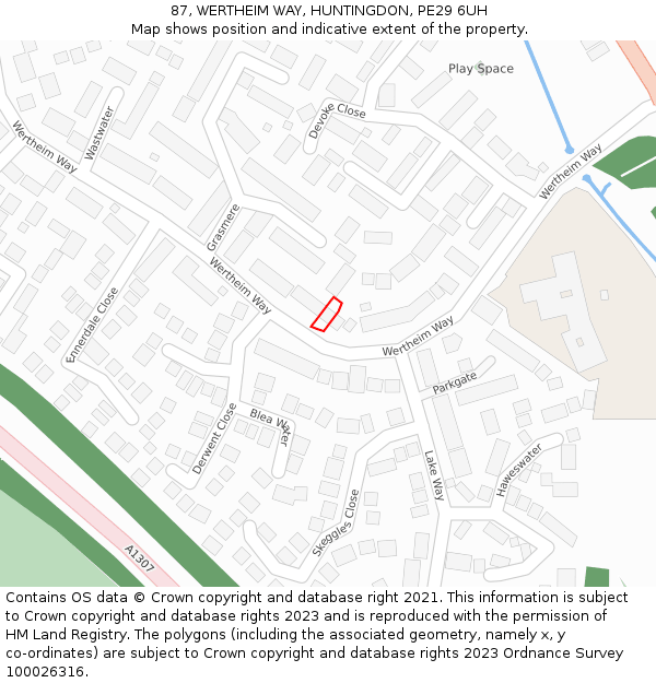 87, WERTHEIM WAY, HUNTINGDON, PE29 6UH: Location map and indicative extent of plot