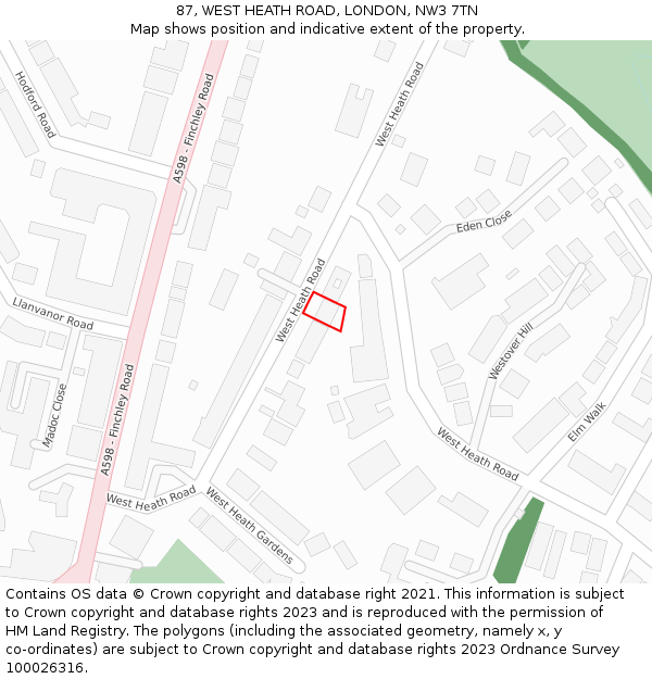 87, WEST HEATH ROAD, LONDON, NW3 7TN: Location map and indicative extent of plot