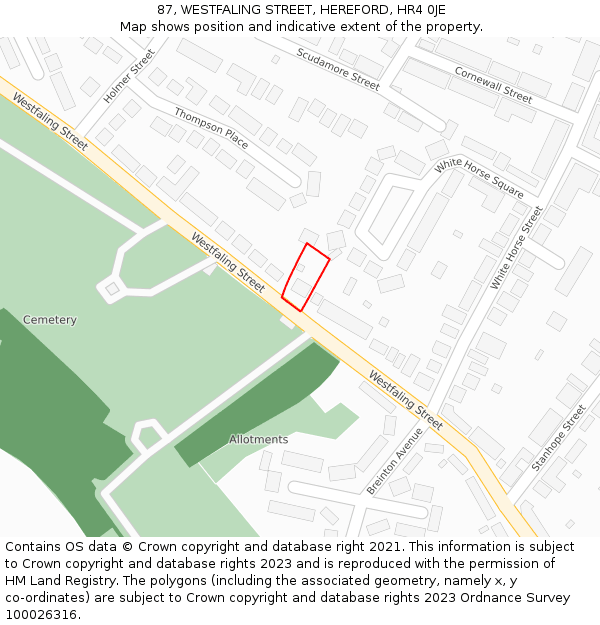 87, WESTFALING STREET, HEREFORD, HR4 0JE: Location map and indicative extent of plot