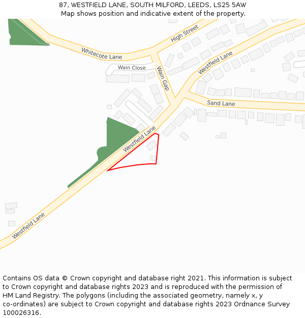 87, WESTFIELD LANE, SOUTH MILFORD, LEEDS, LS25 5AW: Location map and indicative extent of plot