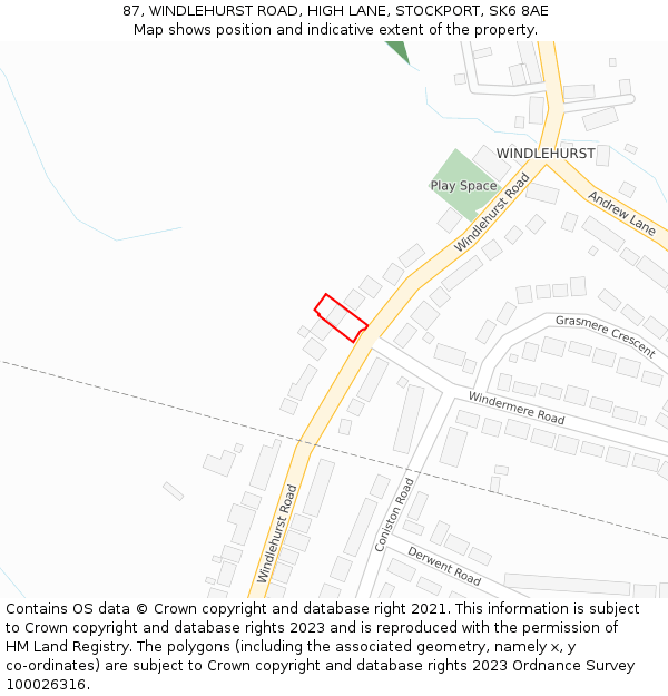 87, WINDLEHURST ROAD, HIGH LANE, STOCKPORT, SK6 8AE: Location map and indicative extent of plot
