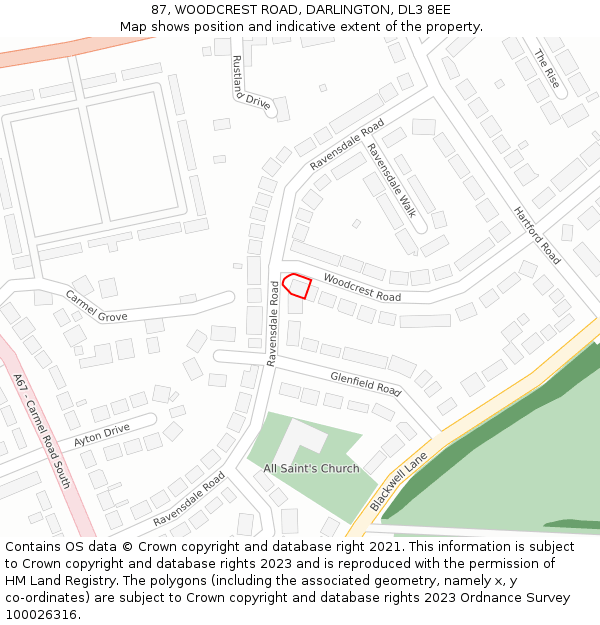 87, WOODCREST ROAD, DARLINGTON, DL3 8EE: Location map and indicative extent of plot