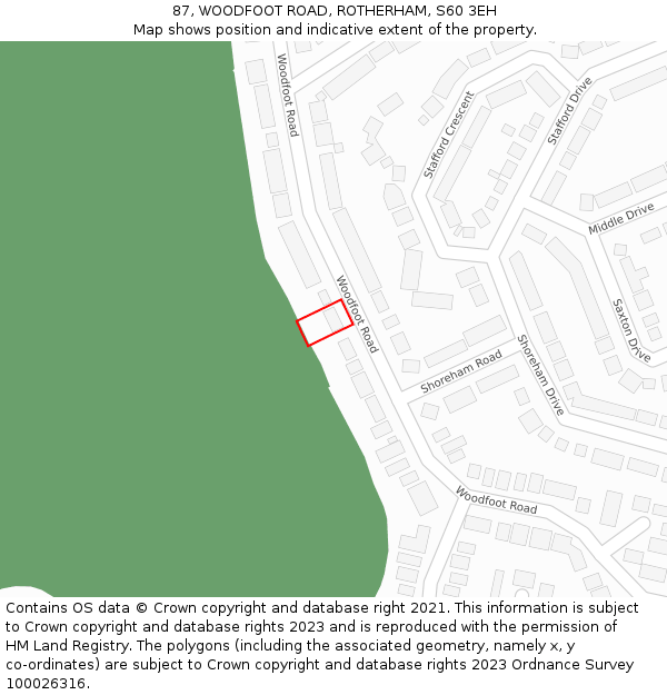 87, WOODFOOT ROAD, ROTHERHAM, S60 3EH: Location map and indicative extent of plot