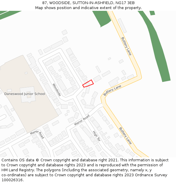 87, WOODSIDE, SUTTON-IN-ASHFIELD, NG17 3EB: Location map and indicative extent of plot