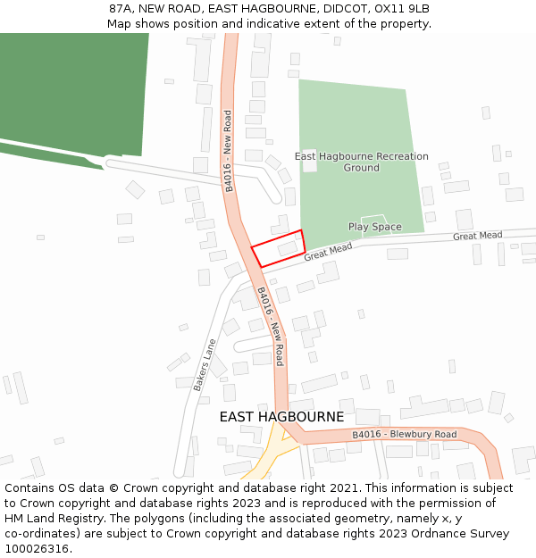 87A, NEW ROAD, EAST HAGBOURNE, DIDCOT, OX11 9LB: Location map and indicative extent of plot