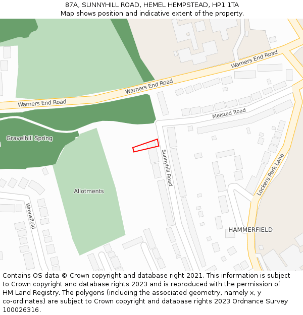 87A, SUNNYHILL ROAD, HEMEL HEMPSTEAD, HP1 1TA: Location map and indicative extent of plot