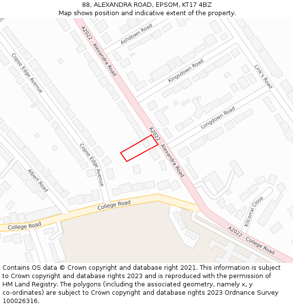 88, ALEXANDRA ROAD, EPSOM, KT17 4BZ: Location map and indicative extent of plot