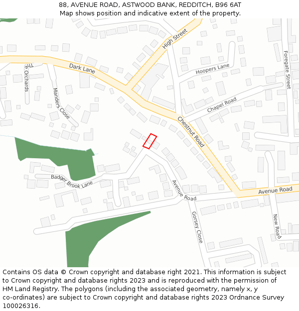 88, AVENUE ROAD, ASTWOOD BANK, REDDITCH, B96 6AT: Location map and indicative extent of plot