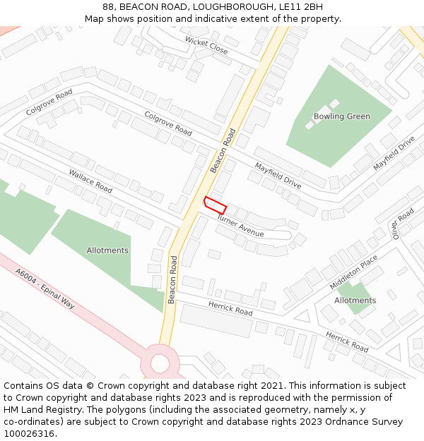 88, BEACON ROAD, LOUGHBOROUGH, LE11 2BH: Location map and indicative extent of plot