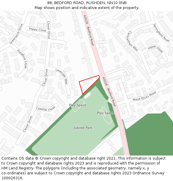 88, BEDFORD ROAD, RUSHDEN, NN10 0NB: Location map and indicative extent of plot