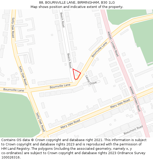 88, BOURNVILLE LANE, BIRMINGHAM, B30 1LG: Location map and indicative extent of plot