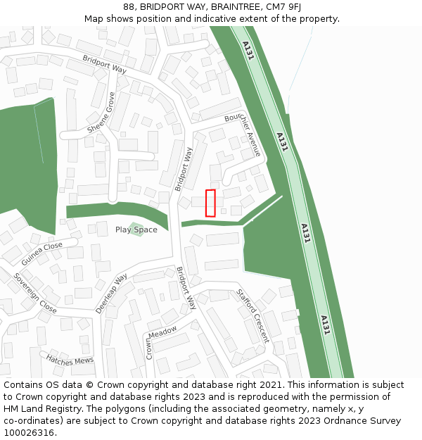 88, BRIDPORT WAY, BRAINTREE, CM7 9FJ: Location map and indicative extent of plot