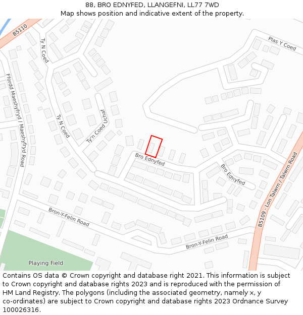 88, BRO EDNYFED, LLANGEFNI, LL77 7WD: Location map and indicative extent of plot