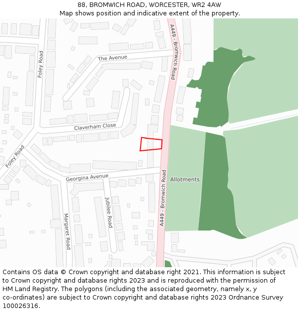 88, BROMWICH ROAD, WORCESTER, WR2 4AW: Location map and indicative extent of plot