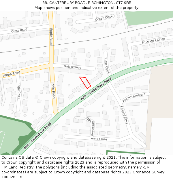 88, CANTERBURY ROAD, BIRCHINGTON, CT7 9BB: Location map and indicative extent of plot